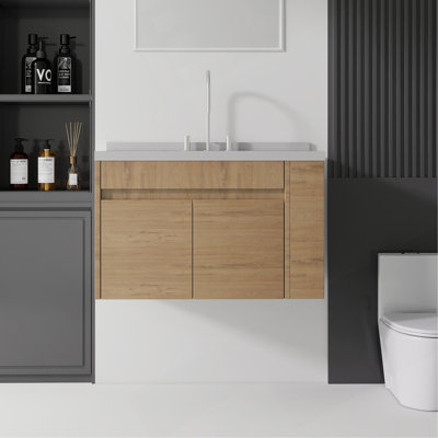 Meuble-lavabo flottant 36 po avec lavabo, porte à fermeture douce, comptoir et dosseret en granite blanc cultivé de 2 po, contreplaqué