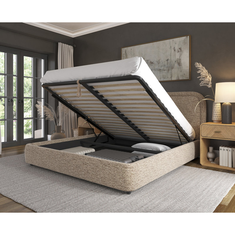Modern Upholstered Lift-Up Storage Bed with Curved Headboard, Low Profile Platform, King, Brown
