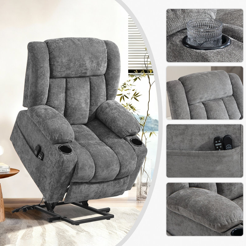 Power Lift Zero Gravity Recliner With Massage Heat Cup Holders  Side Pocket and USB Port, Gray, Chenille