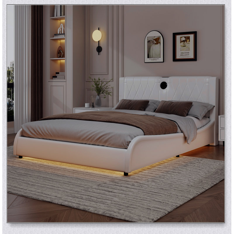 Lit plateforme luxueux en similicuir, tête de lit épaisse, Bluetooth, DEL RVB, Blanc, Grand