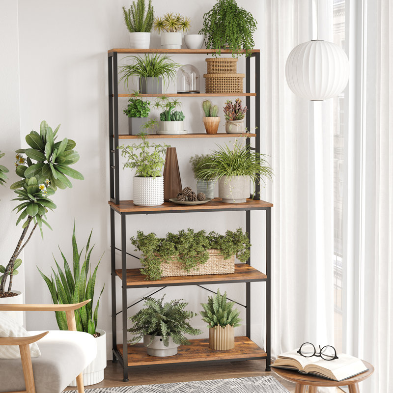 Kitchen Storage Rack 6 Shelves 6 Hooks Steel Frame Baker's Rack for Microwave, 167cm H x 80cm W x 40cm D, Brown/Black