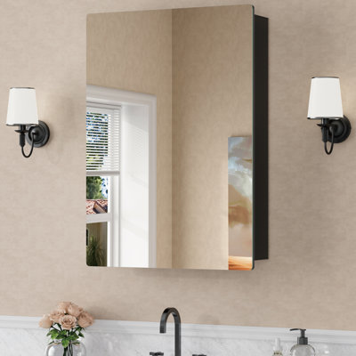 20 in. W x 28 in. H Frameless Bathroom Medicine Cabinet with Mirror, Recessed or Surface Mount, Adjustable Tempered Glass Shelves, Large Capacity Storage, Reversible Door, Black