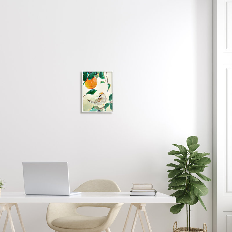 Oiseau perché avec fruit orange, H 14 po x l 11 po x P 1,5 po, Giclée encadrée blanc bord de mer