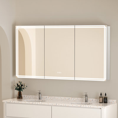 Armoire à pharmacie 60 po x l 32 po avec miroir, armoire de salle de bain encastrée ou à fixation en surface avec lumières DEL, cadre en aluminium, anti-buée, tablette réglable en verre trempé, lumière à intensité variable, prises et USB, homologuée ETL