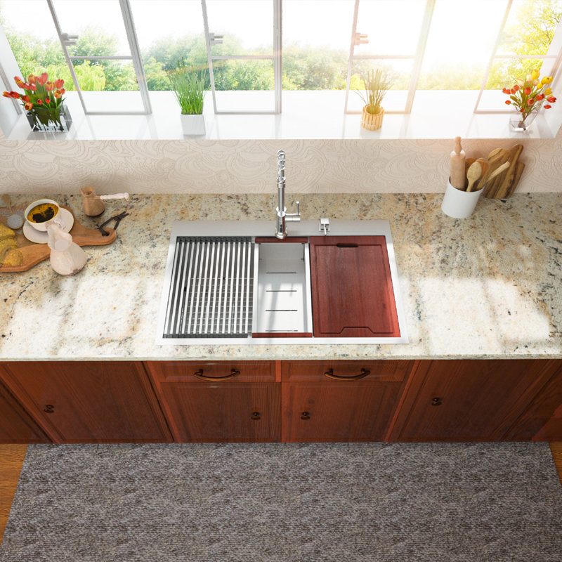 Workstation Farmhouse Right Angle Drop-In Kitchen Sink With Accessories, 28" L x 22" W 