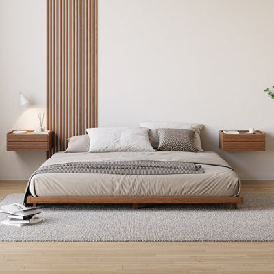 Structure de lit en métal de style japonais avec très grand lit et sans sommier pour la chambre à coucher couleur noyer