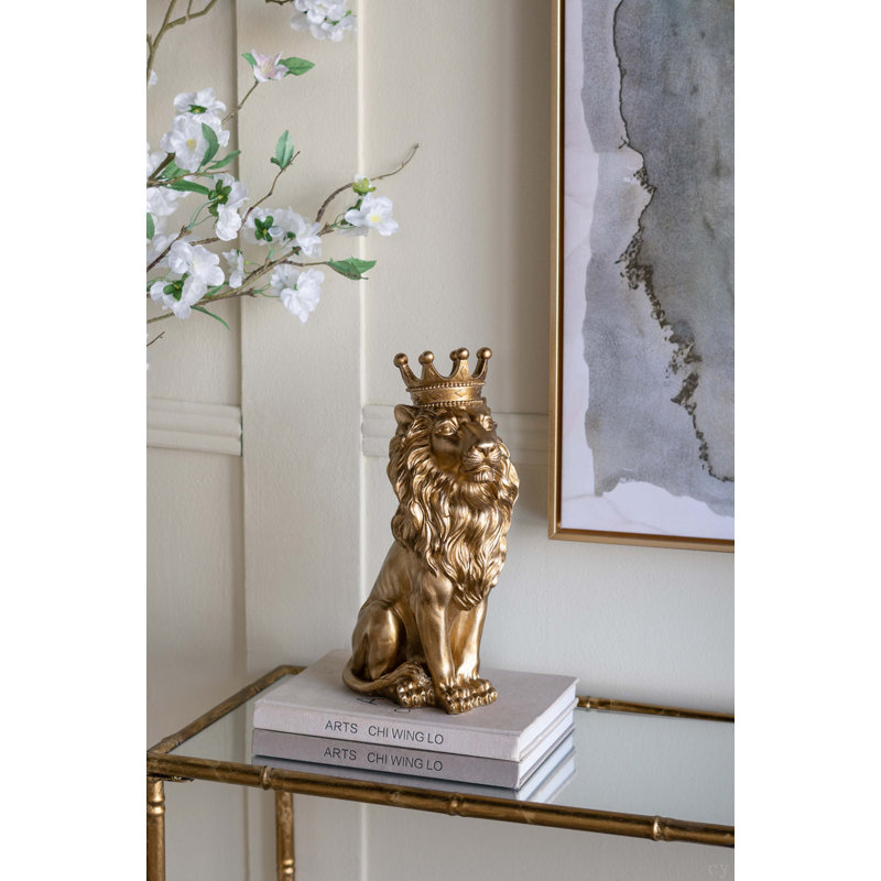 Statue de lion couronné en or 7,5 x 5,1 x 13 po assis
