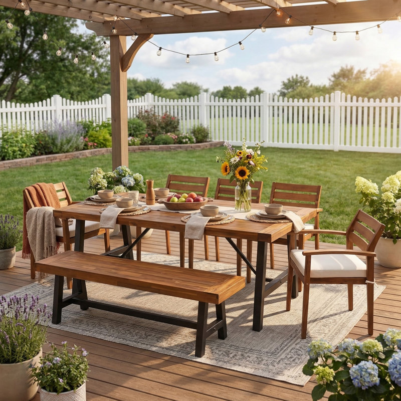 7 Pieces Patio Dining Set Outdoor Furniture Set with Dining Table, Bench, Chairs