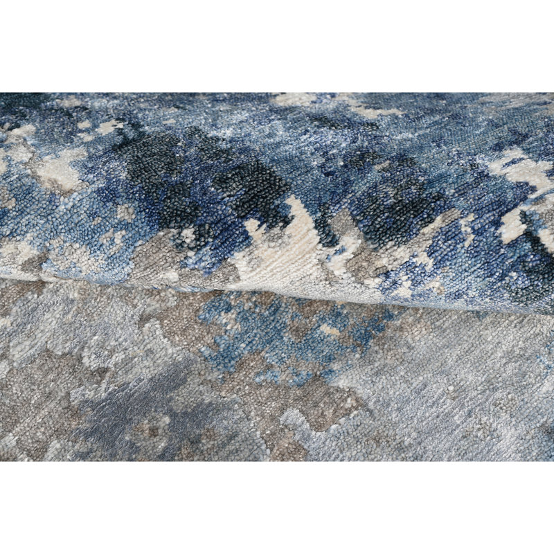 Hand Knotted Area Rug in Blue/Beige, Runner 2'6" x 8'
