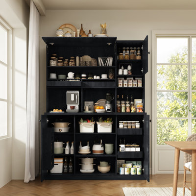 Armoire de cuisine, armoire de rangement autoportante avec 6 tablettes réglables, 4 tiroirs, 4 portes, 3 tablettes de porte et prise de courant intégrée
