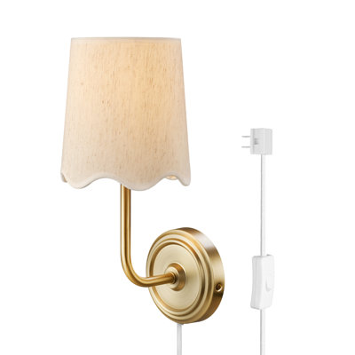 1-Light Matte Brass Hardwire or Plug-In Wall Sconce with White Fabric Shade