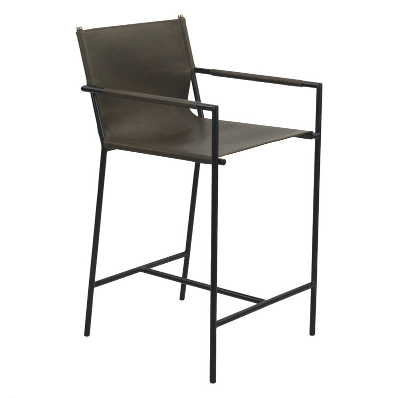 Sutton 20" Counter Armchair in Olive Green Leather and Iron, Olive Green
