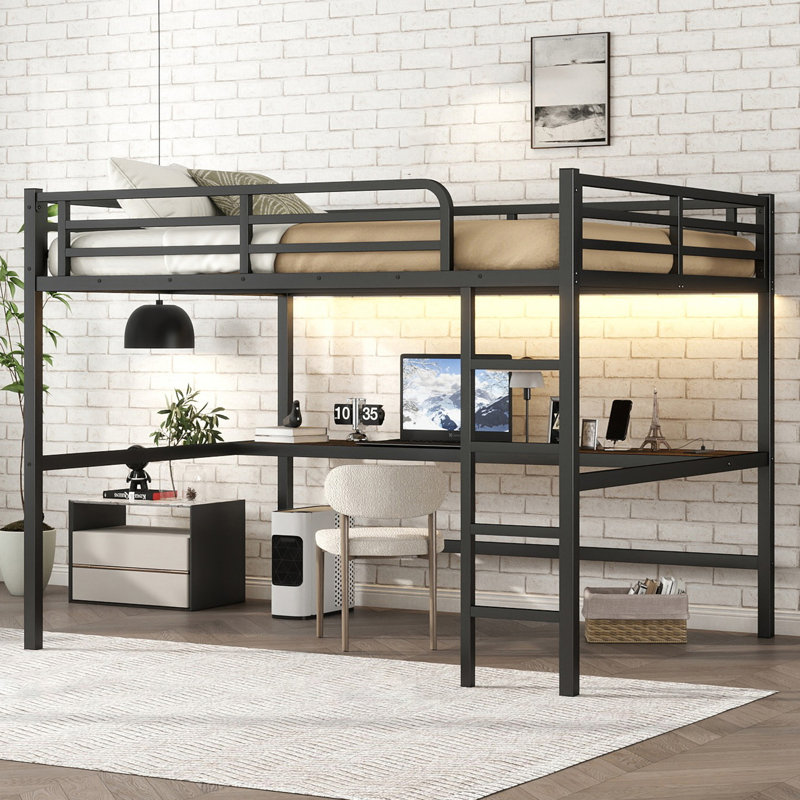 Queen Size Metal Loft Bed With Power Outlet, Led Lightd And Desk, Black Walnut