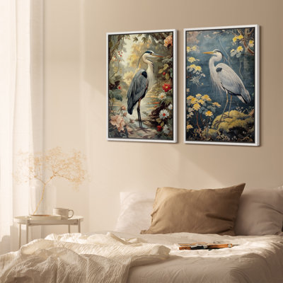 Ensemble d'art mural rétro sur toile de jardin héron, impressions encadrées d'oiseaux inspirés de la nature pour un décor de salon traditionnel ou de vestibule rustique