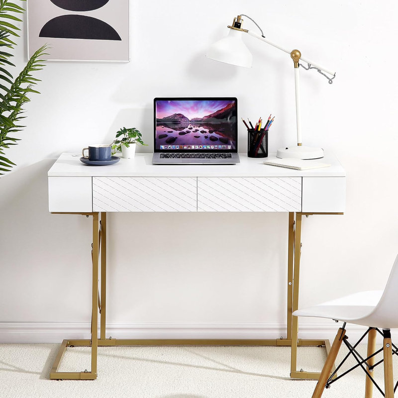 Bureau blanc à domicile, bureau d'ordinateur de 42 pouces, bureau d'écriture simple et moderne avec tiroirs de rangement et station de charge