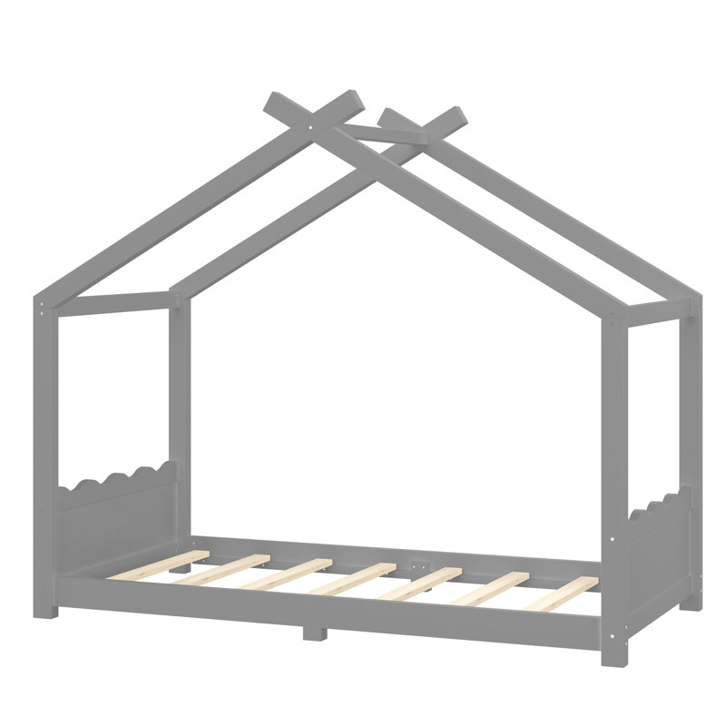 Lit de maison avec lattes de soutien, cadre de lit en bois massif pour enfants, Lit simple, Gris