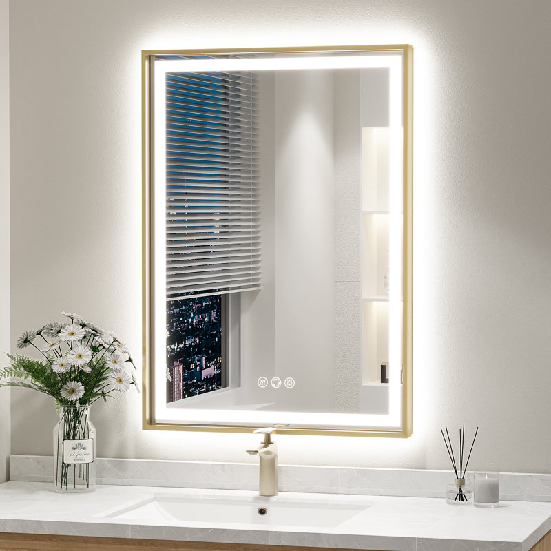 Miroir de salle de bain super lumineux, 28 po x 20 po, Doré