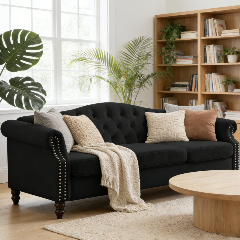 Canapé Chesterfield de 79 po en velours 3 places avec mousse haute résilience et conception ergonomique, canapé capitonné pour un confort ultime, comprend 2 coussins