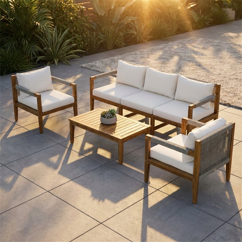 Ensemble de canapé d'extérieur 3 pièces en bois d'acacia, Beige
