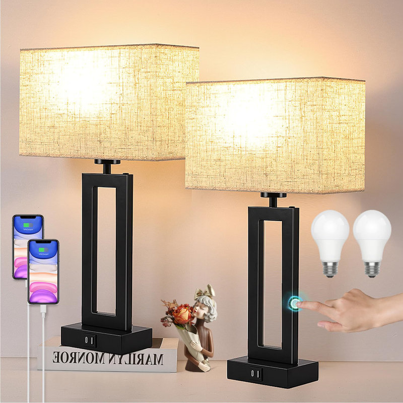 Ensemble de 2 lampes de table à commande tactile avec ports USB C + A, lampes de chevet à intensité variable 3 voies, lampes de salon modernes pour tables de bout, lampes de chevet, noir