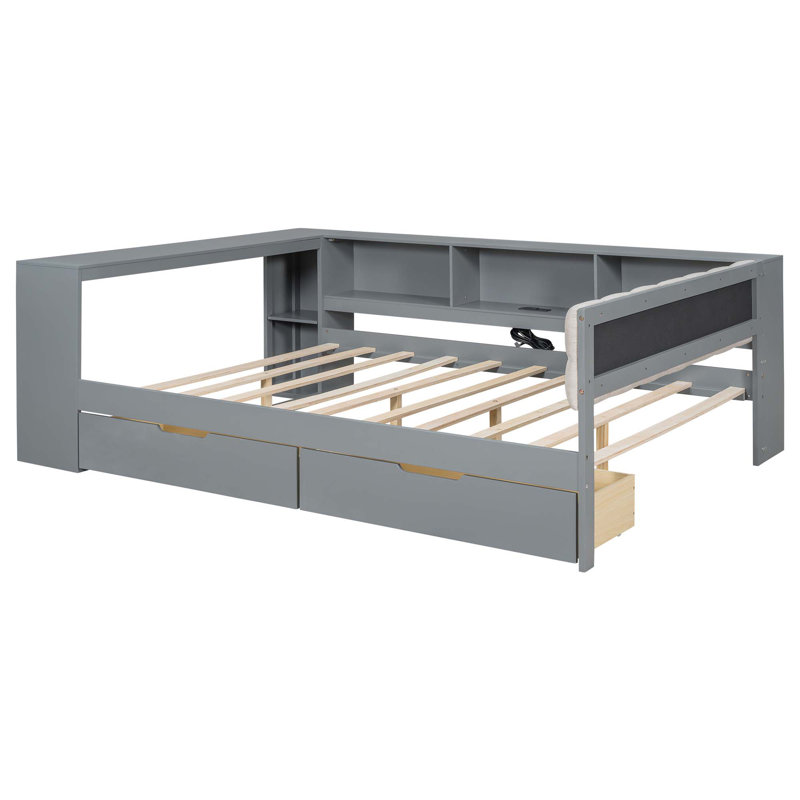 Wood Platform Bed With Storage Shelves,Drawers,Charging Station And Upholstered Headboard, Gray, Full