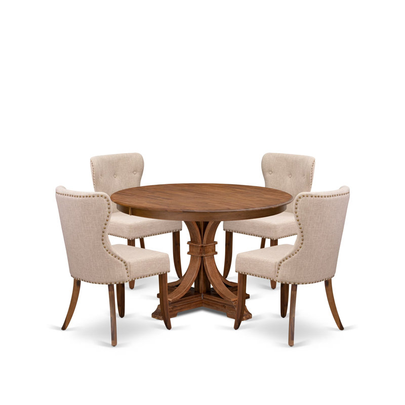 5-Pc Kitchen Set Includes a Pedestal Wooden Round Table and 4 Light Tan Linen Fabric Padded Chairs with Button Tufted- Antique Walnut