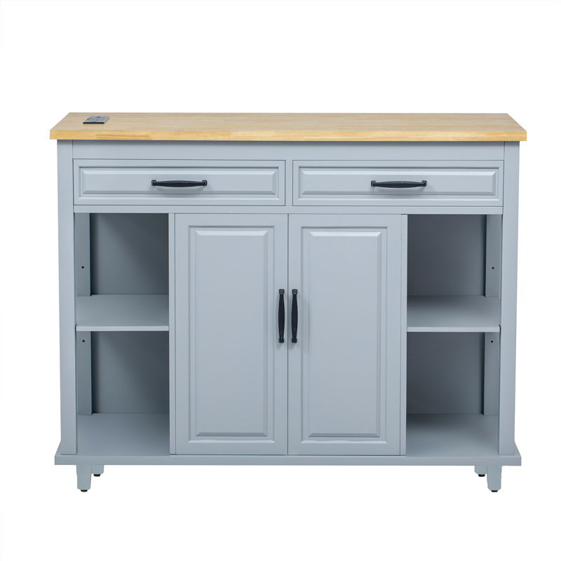 47.2" X 19.7" Extendable Kitchen Island, Rubber Wood Veneer, Adjustable Shelves, Power Outlet, 6+2 Wheels, Soft - Close Hinges Island With Dining Table, Internal Storage, 2 Ac Outlets, 1 , Type C,