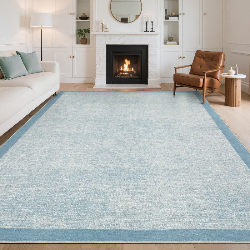 Bordered Machine Washable Rug with Rubber Backing Non Slip Soft Non Shedding Low Pile Thin Foldable Indoor Carpet, Light Blue