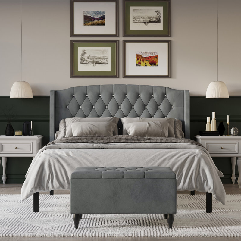 Tyreese Upholstered Bed With Storage Bench, Light Gray, King