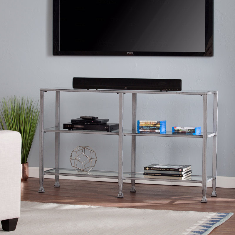 Console 48,5 po en métal argenté vieilli et verre vieilli - 3 tablettes en verre trempé