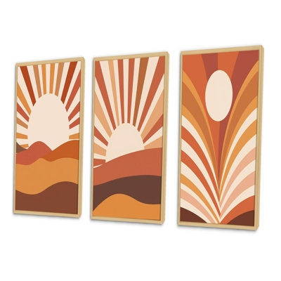 " Retro Terracotta Sun Midcentury Landscape " 3 Piece Art Set