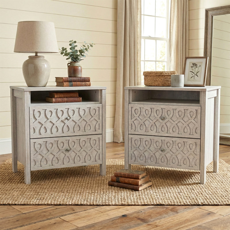 Table de chevet 2 tiroirs avec rangement ouvert Allysyn (ensemble de 2), Gris