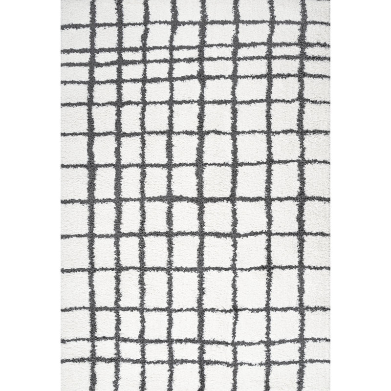 Arenal Geometric Grid Shag White/Gray Rug, Rectangle 3' x 5'