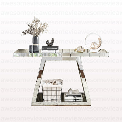 55.9" Modern Luxe Full-Body Mirror Entryway Table with Trapezoid Base – 360° Reflective Console Table, Sturdy Wooden Frame, Scratch-Resistant Design & Open Storage for Hallway, Living Room, Staircase