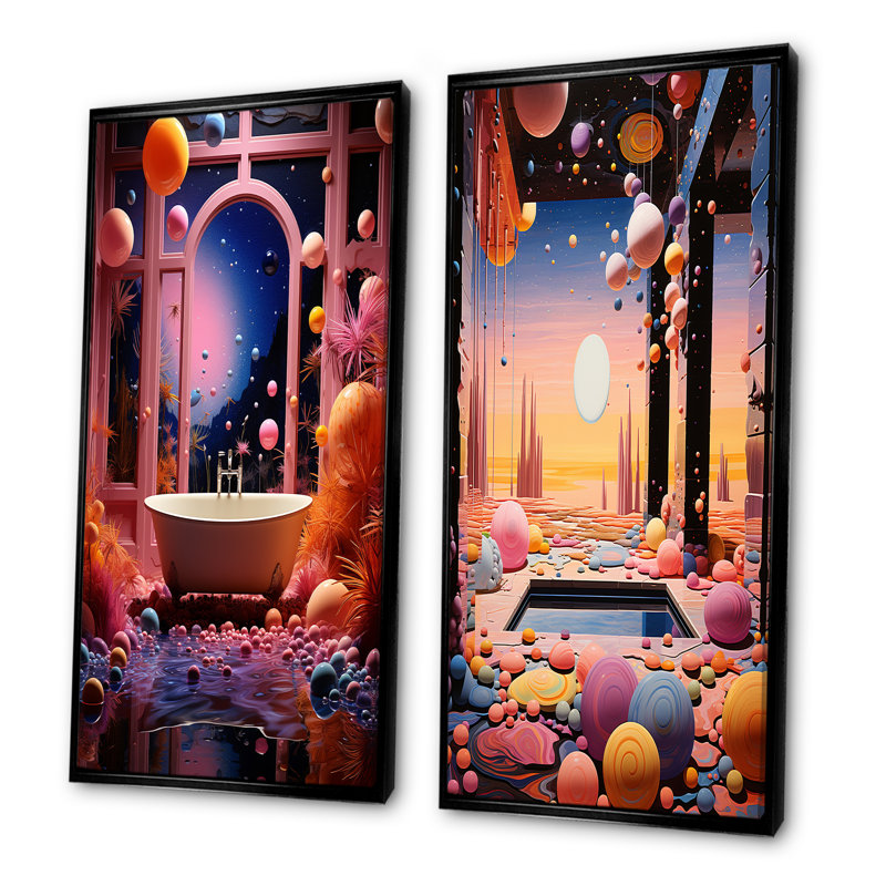 Celestial Dream Bathroom I - Ensemble de 2 décorations murales pour salle de bain, Cadre noir, H 32 po x l 33 po
