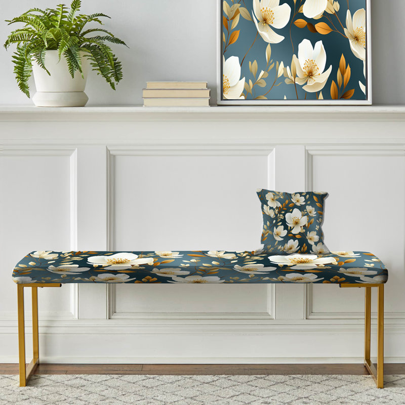 White Ethereal Elegance Floral Blooms - Floral Upholstered Gold Bench