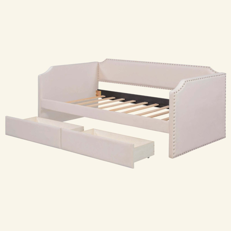 Lit de jour en velours avec 2 tiroirs, Beige