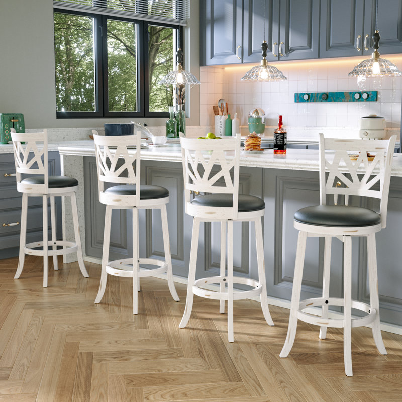 Swivel Upholstered Stool with Solid Wood Frame, White, Bar Stool (29" Seat Height)