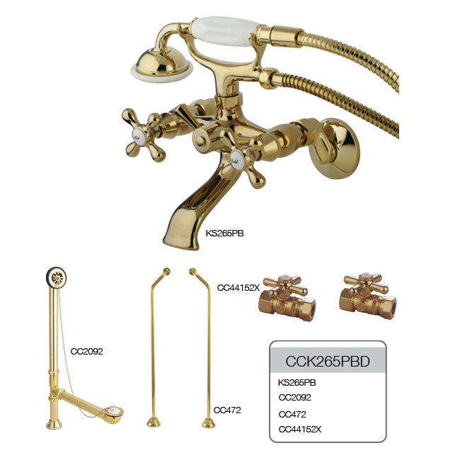 Kingston Brass Vintage Two-Handle 2-Hole Tub Wall Mount Clawfoot Tub Faucet Package with Supply Line, Hand Shower and Tub Drain
