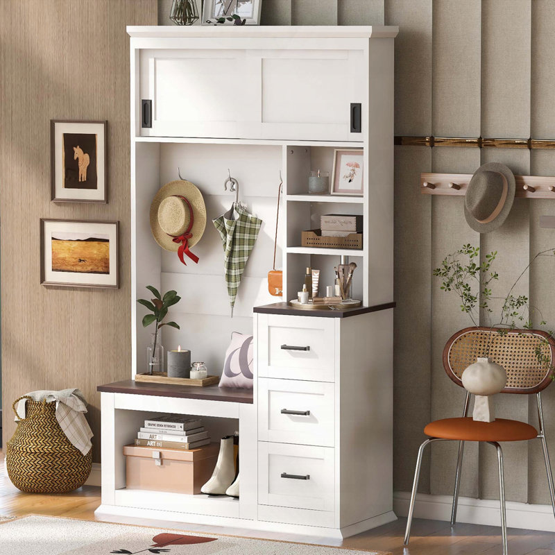 Banc de vestibule moderne avec portemanteau, 3 tablettes et tiroirs