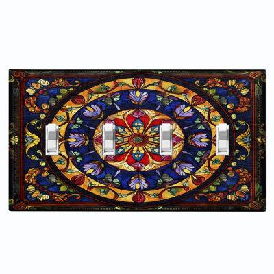 Couvercle de plaque d'interrupteur en métal; Bascule à 4 bandes US standard - image imprimée d'un mandala floral en vitrail