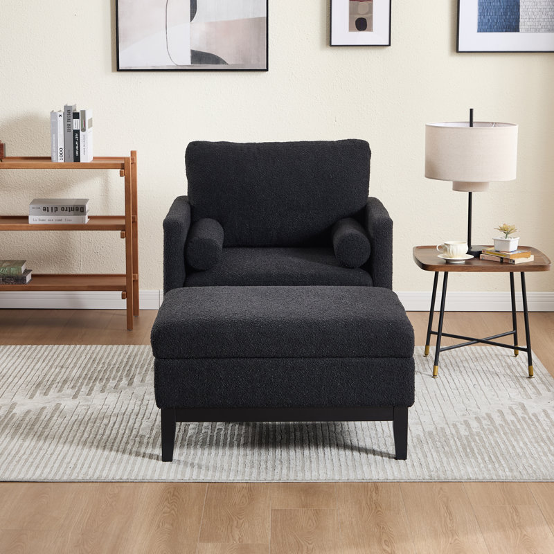 Fauteuil d'appoint large rembourré avec repose-pieds et coussins de rangement, Bouclé noir, Noir