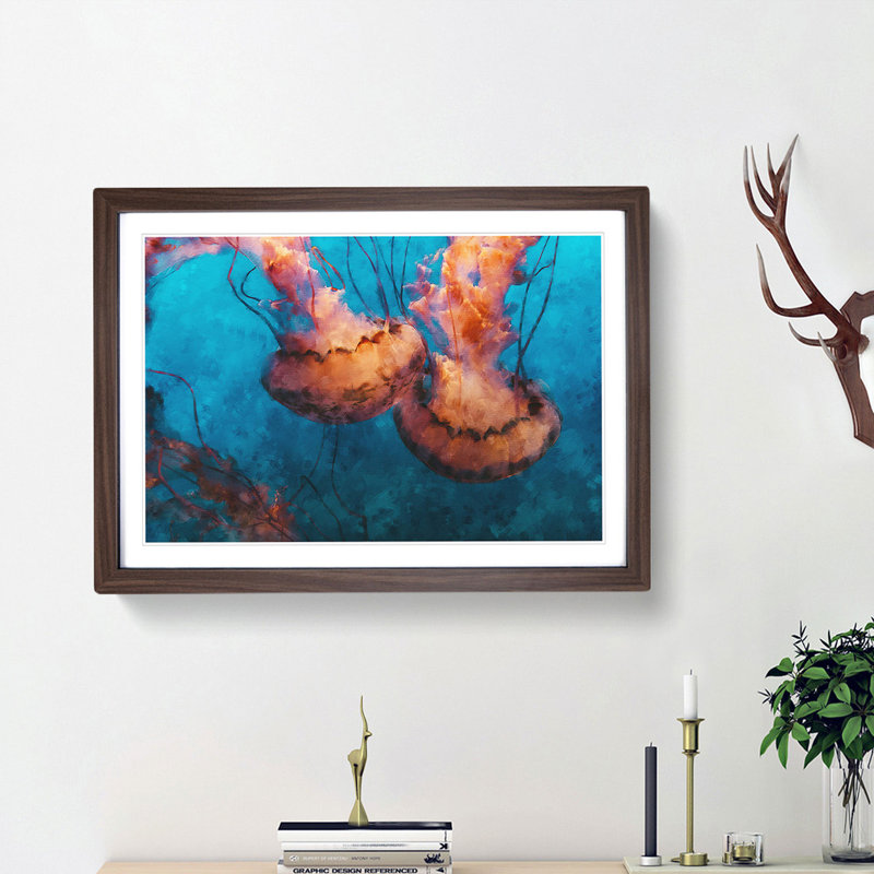 Pink Jellyfish - Picture Frame Painting Print, 24cm H x 33cm W x 2cm D, Walnut Framed