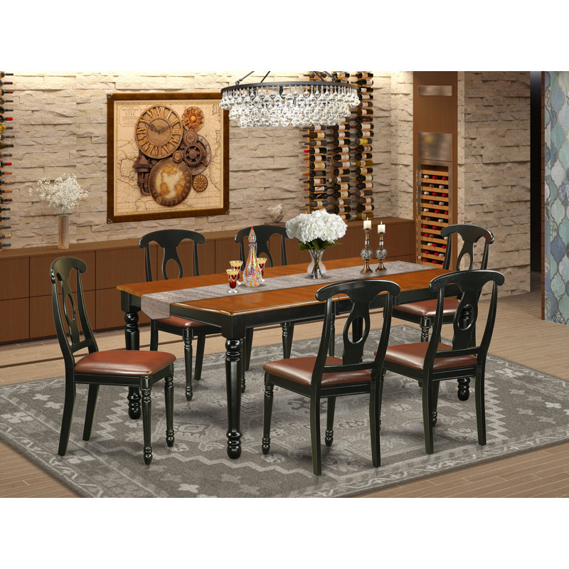 7 Piece Dining Room Furniture Set Consist of a Rectangle Wooden Table with Butterfly Leaf and 6 Faux Leather Upholstered Chairs, 42x78 Inch, Black & Cherry
