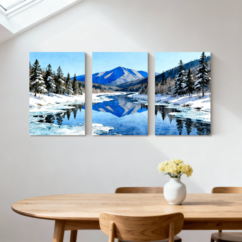 «Winter forest Snowy Mountains Reflect In River Water», ensemble de 3 impressions sur toile, H 24 po x l 48 po