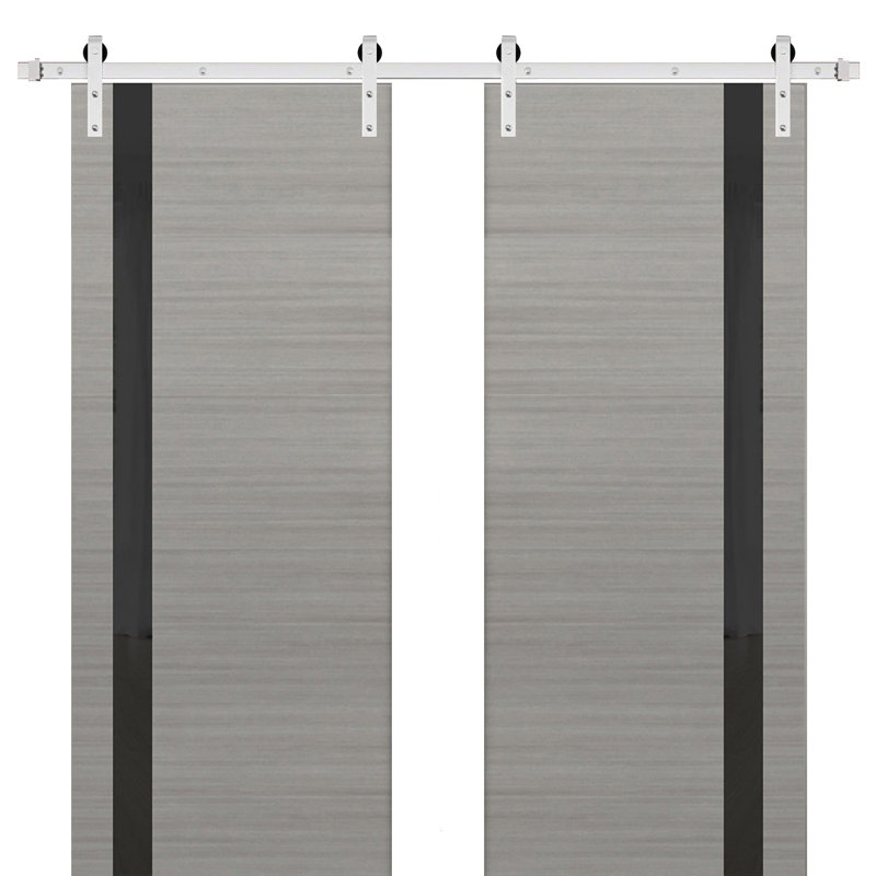 Portes de grange intérieures robustes en bois givré avec ensemble de quincaillerie Planum, 36 po x 84 po, Gris cendré / noir