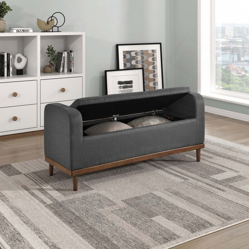 Mid-Century Modern Lift Top Upholstered Tufted Storage Bench With Foam Cushioned Seat And Interior Storage, Dark Gray