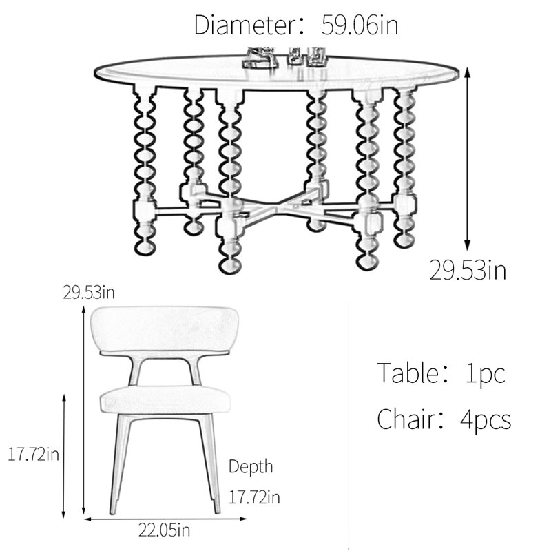 Round multilayer solid board dining table set, 29.53" H x 59.06" L x 59.06" W