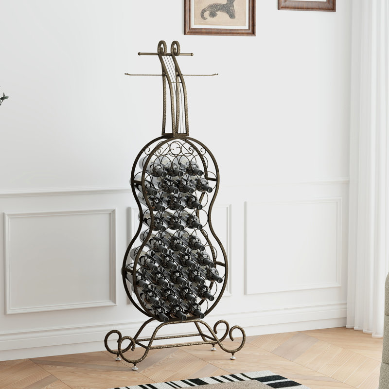 Étagère à vin rustique en or, design de violoncelle, métal brun antique, économise de l'espace dans la maison, organisateur de rangement pour boissons alcoolisées, forme, accent, espace repas dans la cuisine
