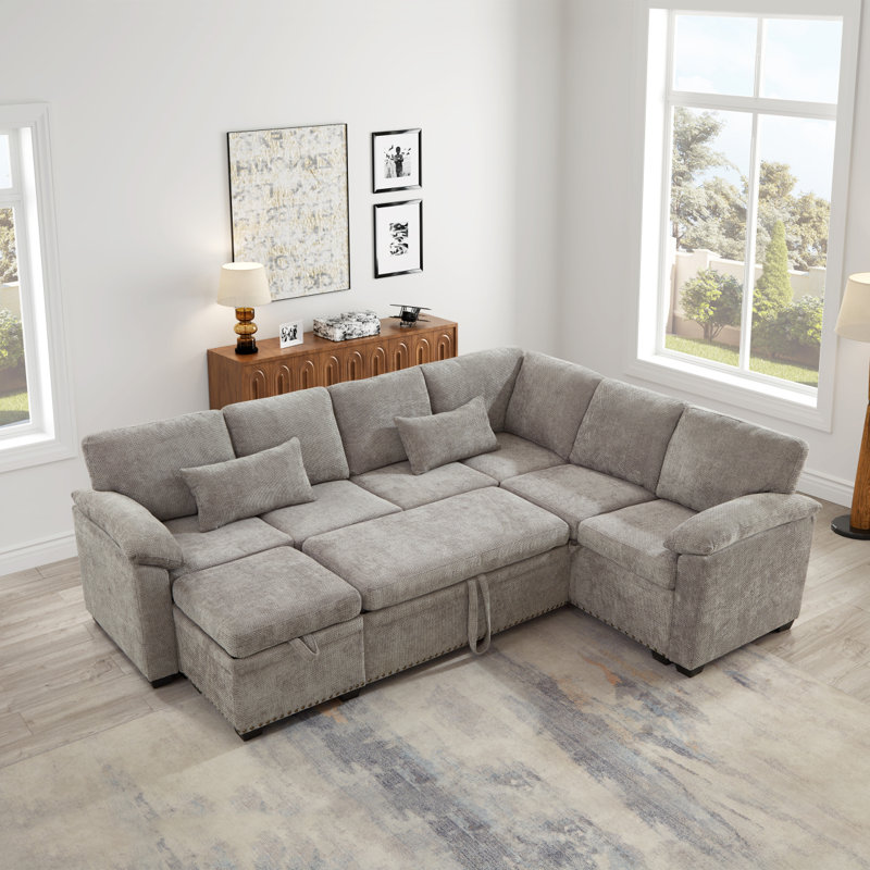 Canapé d'angle modulaire en L 97 po avec siège et repose-pieds de rangement en L 97 po, canapé d'angle en chenille avec 7 sièges et 2 coussins